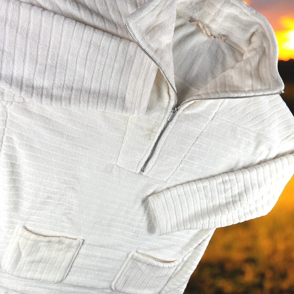 Soft Surroundings Pullover Women L Ivory Textured‎ Quarter Zip Fleece Cozy Chore
